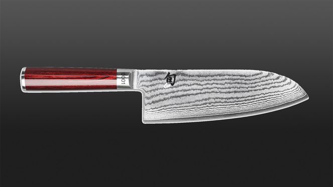 
                    Santoku Shun Classic Red en acier damassé 32 couches avec manche en bois pakka à veines rouges